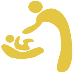 icona gialla su sfondo bianco, neonato/a sdraiato/a sul fasciatoio durante il cambio del pannolino