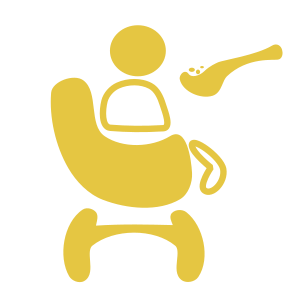 icona gialla su sfondo bianco, bimbo/a seduto/a sul seggiolone per mangiare la pappa già pronta sul cucchiaio